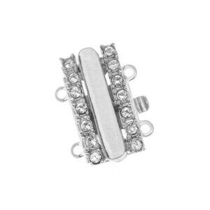 Rhodium Plated 2-Strand Box Clasp - Rectangular With Crystals - 15x10mm